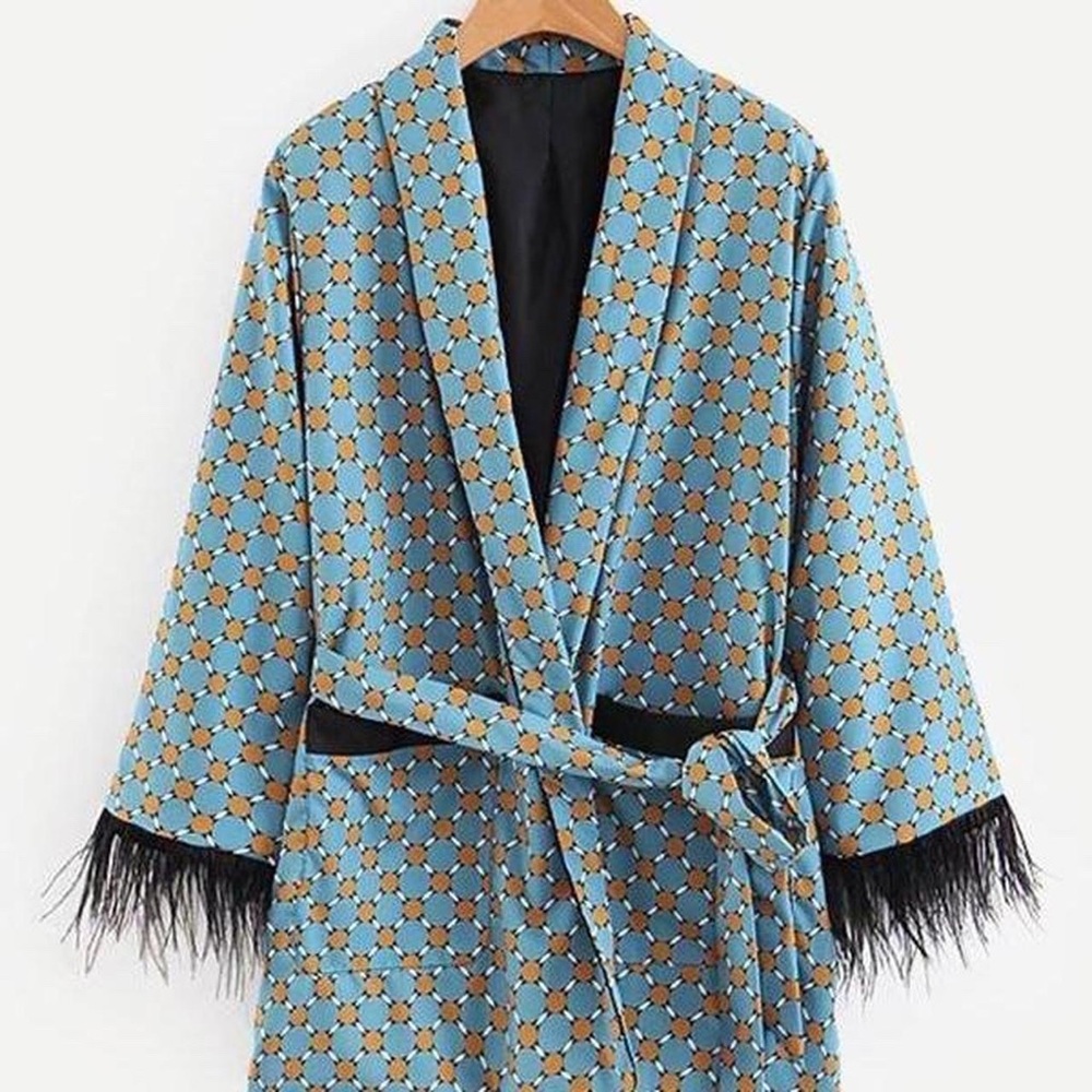 Geo Pattern Fringe Trim Wrap Blazer